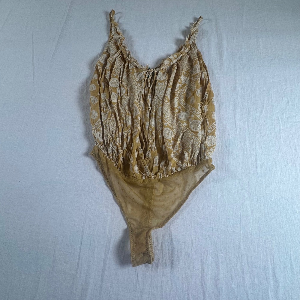 Free People Intimately XS Mustard Yellow Paisley Mesh Bottom Bodice Bodysuit New